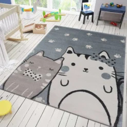 Kinderteppich Babyteppich Katzen Pfoten Creme Mint-Blau Grau , Maße:120x170 Cm