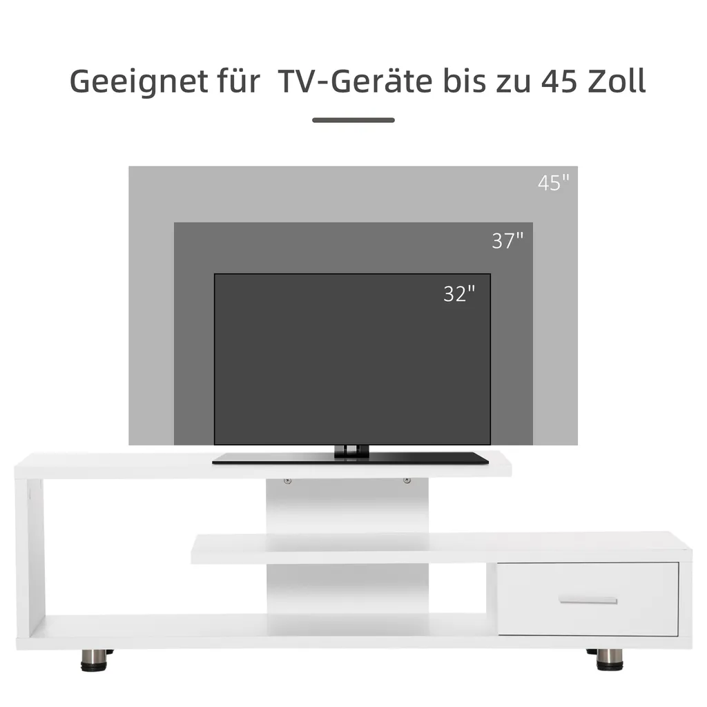 HOMCOM TV-Lowboard Fernsehschrank TV Schrank Mit Modernem Design Fernsehtisch Sideboard Mit Schublade Und Offene Regal Bis Zu 45 Zoll Weiß 135 X 35 X 41,7 Cm 6 HOMCOM TV-Lowboard Fernsehschrank TV Schrank Mit Modernem Design Fernsehtisch Sideboard Mit Schublade Und Offene Regal Bis Zu 45 Zoll Weiß 135 X 35 X 41,7 Cm – Bild 6