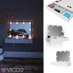 Vicco Schminktisch Alessia Frisiertisch Kommode Frisierkommode Spiegel Weiß Inklusive LED-Lichterkette