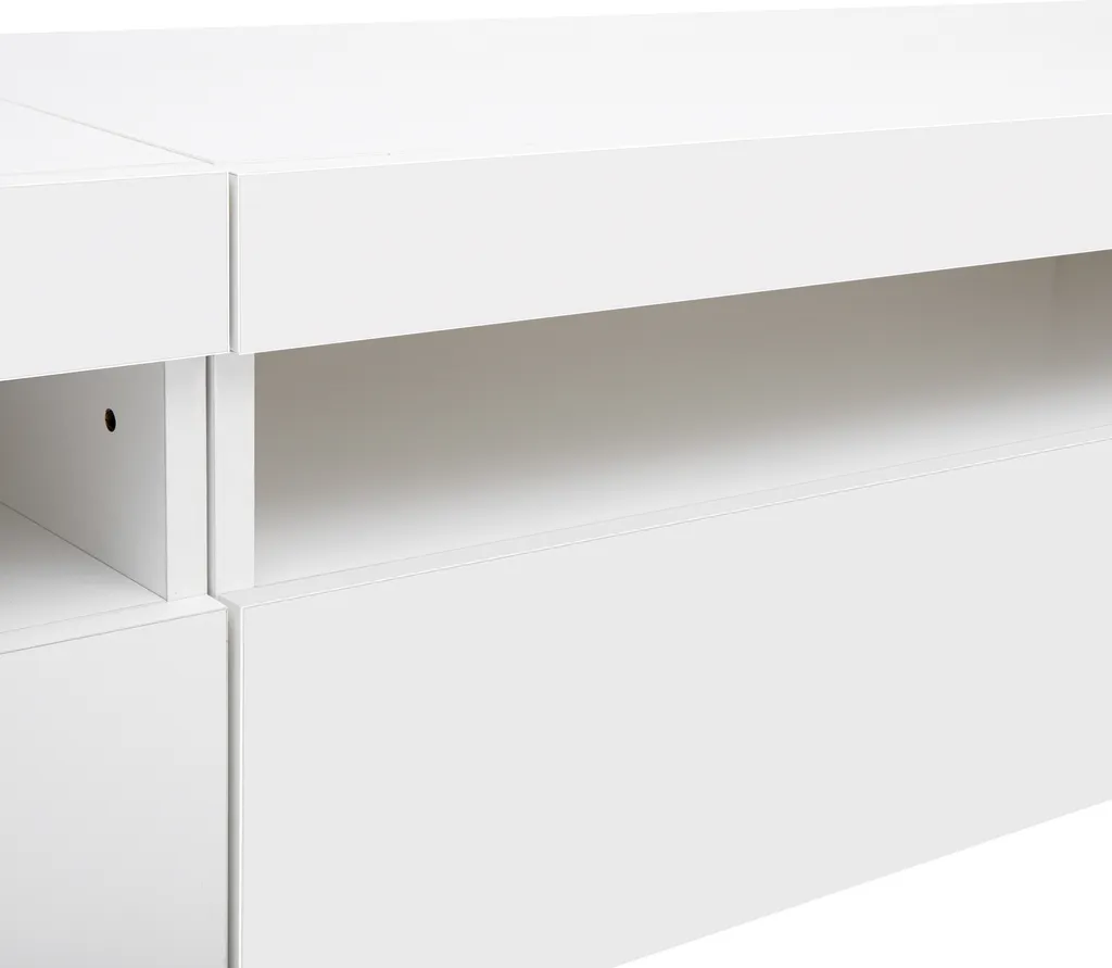 Merax Lowboard TV Schrank Weiß Hochglanz Fernsehtisch Mit 16 Farben LED Beleuchtung, TV-Kommode Mit 2 Türen, 1 Klappe Und 1 Offenes Fach, B/H/T:240/35/39cm 10 Merax Lowboard TV Schrank Weiß Hochglanz Fernsehtisch Mit 16 Farben LED Beleuchtung, TV-Kommode Mit 2 Türen, 1 Klappe Und 1 Offenes Fach, B/H/T:240/35/39cm – Bild 10