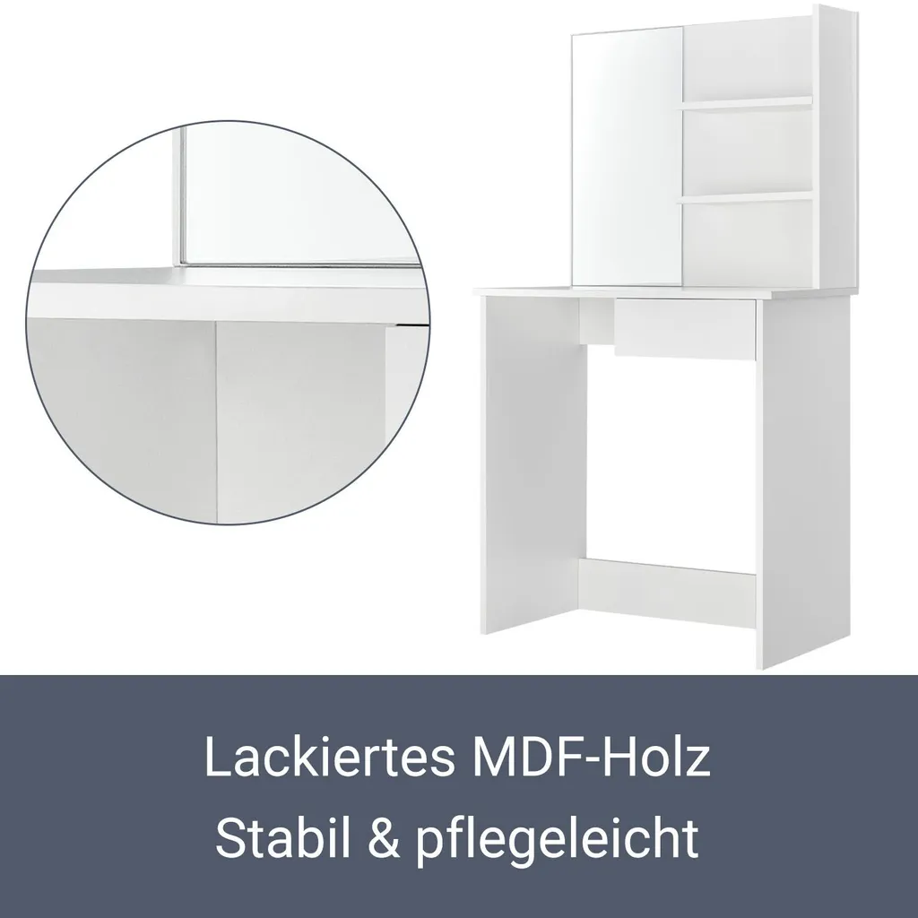 Juskys Schminktisch Jenna – Eleganter Kosmetiktisch 75 X 40 X 135 Cm In Weiß – Moderner Frisiertisch Aus Holz Mit Spiegel, Schublade & 2 Ablagefächern 3 Juskys Schminktisch Jenna – Eleganter Kosmetiktisch 75 X 40 X 135 Cm In Weiß – Moderner Frisiertisch Aus Holz Mit Spiegel, Schublade & 2 Ablagefächern – Bild 3