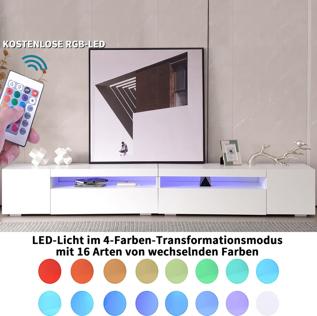 Merax Lowboard TV Schrank Weiß Hochglanz Fernsehtisch Mit 16 Farben LED Beleuchtung, TV-Kommode Mit 2 Türen, 1 Klappe Und 1 Offenes Fach, B/H/T:240/35/39cm 2 Merax Lowboard TV Schrank Weiß Hochglanz Fernsehtisch Mit 16 Farben LED Beleuchtung, TV-Kommode Mit 2 Türen, 1 Klappe Und 1 Offenes Fach, B/H/T:240/35/39cm – Bild 2
