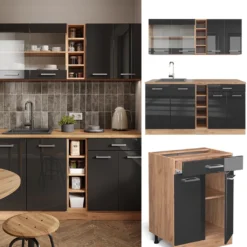 Vicco Küchenzeile R-Line Goldkraft Anthrazit Hochglanz 160 Cm Holzwerkstoff