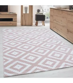 Kurzflor Wohnzimmerteppich Teppich Antikes Karo Muster Rosa Weiss Meliert, Grösse:160x230 Cm