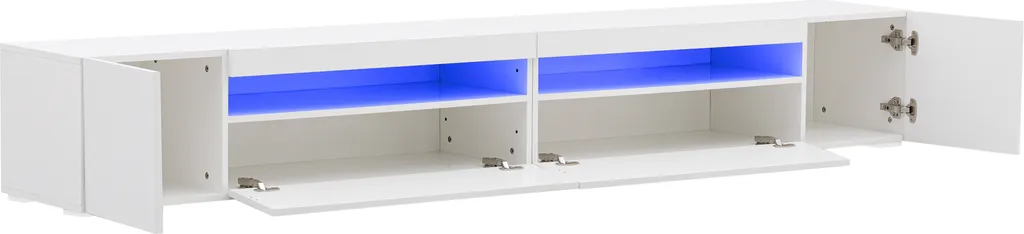 Merax Lowboard TV Schrank Weiß Hochglanz Fernsehtisch Mit 16 Farben LED Beleuchtung, TV-Kommode Mit 2 Türen, 1 Klappe Und 1 Offenes Fach, B/H/T:240/35/39cm 8 Merax Lowboard TV Schrank Weiß Hochglanz Fernsehtisch Mit 16 Farben LED Beleuchtung, TV-Kommode Mit 2 Türen, 1 Klappe Und 1 Offenes Fach, B/H/T:240/35/39cm – Bild 8