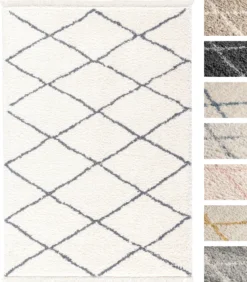 Wohnzimmer Shaggy Teppich Diamantmuster Super Soft Moderner Hochflor Teppich Weiss Grau, Grösse: 155x230cm