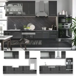 Vicco Küchenezeile Fame-Line Weiß Anthrazit Hochglanz 300 Cm Holzwerkstoff