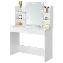 Juskys Schminktisch Bella Mit LED Beleuchtung, Spiegel, Schublade & 4 Ablagefächern - 108 X 40 X 140 Cm - Holz - Weiß - Kosmetiktisch Frisiertisch -Vidaxlko Verkaufe afaae864389f45c93aaae61a873698b0