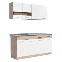 Homestyle4u 2354, Küche Modern Weiß Küchenzeile Ohne Geräte Einbauküche Singleküche 160 Cm Eiche Grau