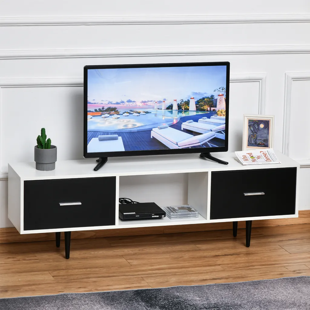 HOMCOM Fernsehtisch Fernsehschrank Mit Schubladen Regale Für 60'' Fernseher TV-Board Wohnzimmer Schlafzimmer Spanplatte Metallbeine Weiß 140 X 30 X 42 Cm 2 HOMCOM Fernsehtisch Fernsehschrank Mit Schubladen Regale Für 60'' Fernseher TV-Board Wohnzimmer Schlafzimmer Spanplatte Metallbeine Weiß 140 X 30 X 42 Cm – Bild 2