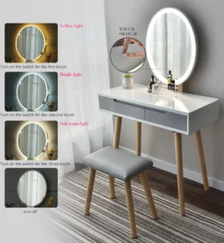 Puluomis Schminktisch Mit LED Beleuchtung Spiegel, Kosmetiktisch Frisiertisch Mit Gepolstertem Hocker Und 2 Schubladen, 3 Beleuchtungmodi, Oval Weiß Grau -Vidaxlko Verkaufe b0adca8e3767ef55e026878aa97c298f