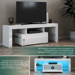 SUNSURY Weiß Hochglanz TV-Schrank W130xT35xH45cm Mit LED Beleuchtung，12-LED-Farben -Vidaxlko Verkaufe b27b3a70f6565e1cea6086d7f5ae3d51