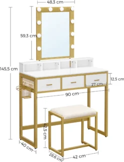 VASAGLE Schminktisch Mit 10 LED-Glühbirnen Und Hocker Einstellbare Helligkeit 90 X 40 X 145,5 Cm Frisiertisch Kosmetiktisch Mit Spiegel Modern Weiß-goldfarben RVT014A10 -Vidaxlko Verkaufe b4da27edccf8e4abfdc4f7772505d2cb