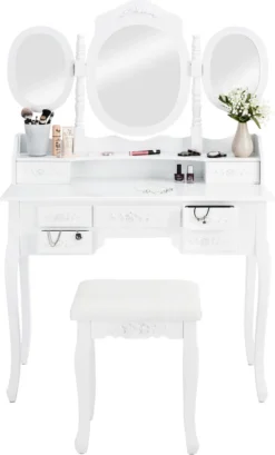 Tectake Schminktisch Mit 7 Schubladen, Spiegel Und Hocker Im Antik Look - Weiß -Vidaxlko Verkaufe b4f824619953ef60762817acec2bfb54