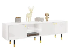 Mirjan24 TV-Lowboard Crystal RTV 180 03 Mit LED-Beleuchtung, TV-Tisch Mit 3 Türen, Metallfüße, Runde Gold Griffe (Farbe: Weiß / Weiß Hochglanz)