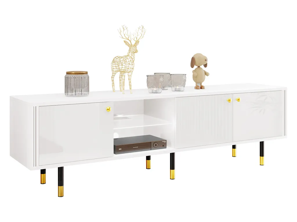 Mirjan24 TV-Lowboard Crystal RTV 180 03 Mit LED-Beleuchtung, TV-Tisch Mit 3 Türen, Metallfüße, Runde Gold Griffe (Farbe: Weiß / Weiß Hochglanz) 1 Mirjan24 TV-Lowboard Crystal RTV 180 03 Mit LED-Beleuchtung, TV-Tisch Mit 3 Türen, Metallfüße, Runde Gold Griffe (Farbe: Weiß / Weiß Hochglanz)