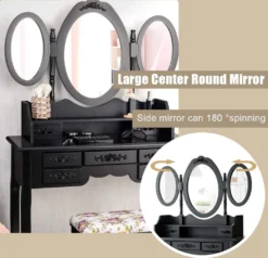 COSTWAY Schminktisch Mit Klappbarer Spiegel, Frisiertisch Set Mit Gepolsterter Hocker, 7 Schubladen Und Offenem Regal, Kosmetiktisch Schminkkommode Für Haus Wohnung (Schwarz) -Vidaxlko Verkaufe b71eb7e615ee588035d15d73d8ed6668
