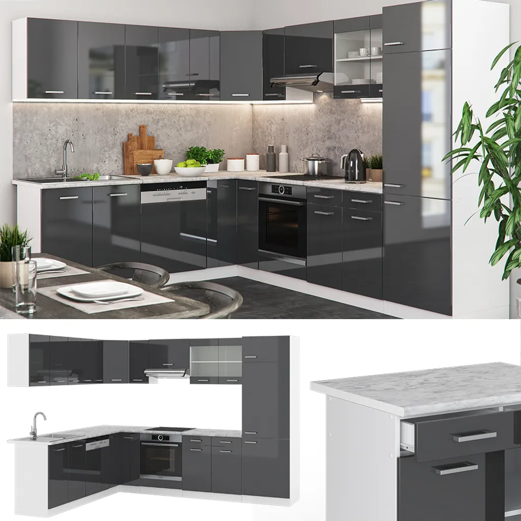 Vicco Eckküchenzeile R-Line Weiß Anthrazit Hochglanz 227 X 287 Cm Holzwerkstoff 1 Vicco Eckküchenzeile R-Line Weiß Anthrazit Hochglanz 227 X 287 Cm Holzwerkstoff