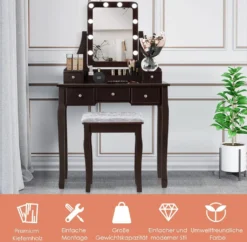 COSTWAY Schminktisch Mit Hocker, 360° Drehbarem Spiegel Und 10 Dimmbaren LED-Birnen, Frisiertisch Mit 5 Schubladen Und Organisator, Kosmetiktisch Aus Tisch Und Abnehmbarer Oberteil (Braun) -Vidaxlko Verkaufe b7ac896769bcdd2a5d4398cee4ecea13
