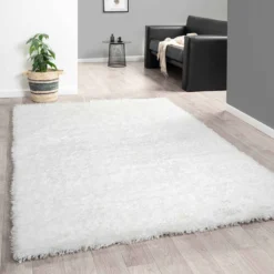 Hochflor Teppich Wohnzimmer Shaggy Super Weich Soft Pastellfarben Einfarbig, Farbe:Weiß, Maße:120x170 Cm