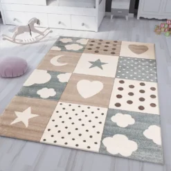 Flauschiger Kinder Zimmer Teppich Herzchen Wölkchen Patchwork Optik, Maße:120x170 Cm