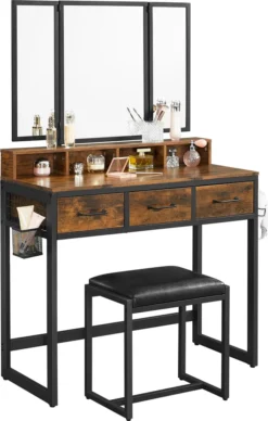 VASAGLE Schminktisch, Frisiertisch Mit 3-teiligem Klappspiegel Kosmetiktisch Mit Gepolstertem Hocker, 3 Schubladen Vintagebraun-schwarz RVT004B01 -Vidaxlko Verkaufe bc2803d7a267350742fb7d1e087c67e8