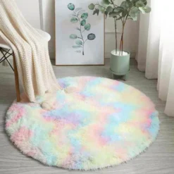 Weiche Flauschige Teppiche Runder Plüsch Regenbogen Farbverlauf Bodenmatte Hängender Korb Matte Teppich 100CM