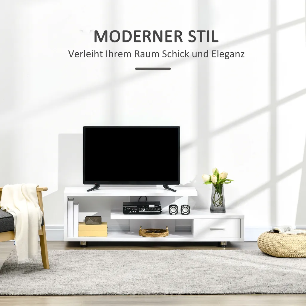 HOMCOM TV-Lowboard Fernsehschrank TV Schrank Mit Modernem Design Fernsehtisch Sideboard Mit Schublade Und Offene Regal Bis Zu 45 Zoll Weiß 135 X 35 X 41,7 Cm 4 HOMCOM TV-Lowboard Fernsehschrank TV Schrank Mit Modernem Design Fernsehtisch Sideboard Mit Schublade Und Offene Regal Bis Zu 45 Zoll Weiß 135 X 35 X 41,7 Cm – Bild 4