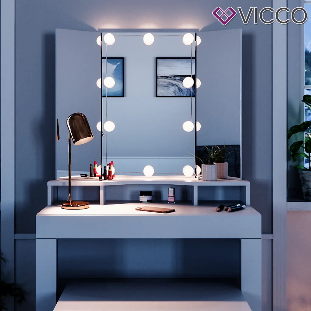 Vicco Schminktisch Nora Weiß Mit LED-Beleuchtung Spiegel Sitzbank Frisiertisch 5 Vicco Schminktisch Nora Weiß Mit LED-Beleuchtung Spiegel Sitzbank Frisiertisch – Bild 5