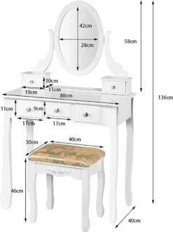 COSTWAY Schminktisch Set, Frisiertisch Mit 360° Spiegel Und Hocker, Schminkkommde Mit 5 Schubladen, Kosmetiktisch Gepolsterter Schminkhocker Make Up Tisch , Weiß -Vidaxlko Verkaufe c767b0f0435925e5a1b8b9dd8ec7cf4a