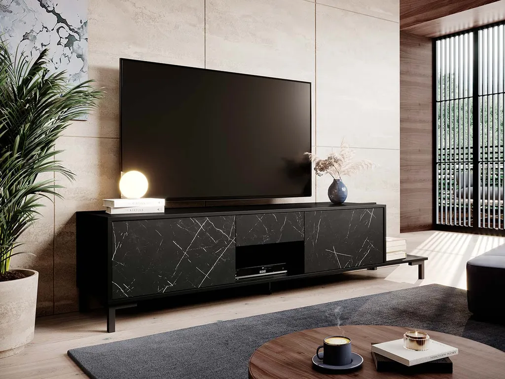 Mirjan24 TV Lowboard Marmo 2D1S1K, Stilvoll Board Schrank, TV Tisch, Wohnzimmer TV-Bank (Farbe: Schwarz / Schwarzer Marmor) 3 Mirjan24 TV Lowboard Marmo 2D1S1K, Stilvoll Board Schrank, TV Tisch, Wohnzimmer TV-Bank (Farbe: Schwarz / Schwarzer Marmor) – Bild 3