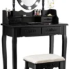 COSTWAY Schminktisch Mit Hocker, 360° Drehbarem Spiegel Und 10 Dimmbaren LED-Birnen, Frisiertisch Aus Tisch Und Abnehmbarer Oberteil, Kosmetiktisch Mit 4 Schubladen, 75 X 40 X 146 Cm (Schwarz)