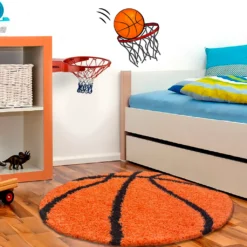 Wunderschöne Kinderteppich Rund , Höhe 30 Mm, Basketball Motiv, Größe:Ø 100 Cm Rund, Farbe:Orange