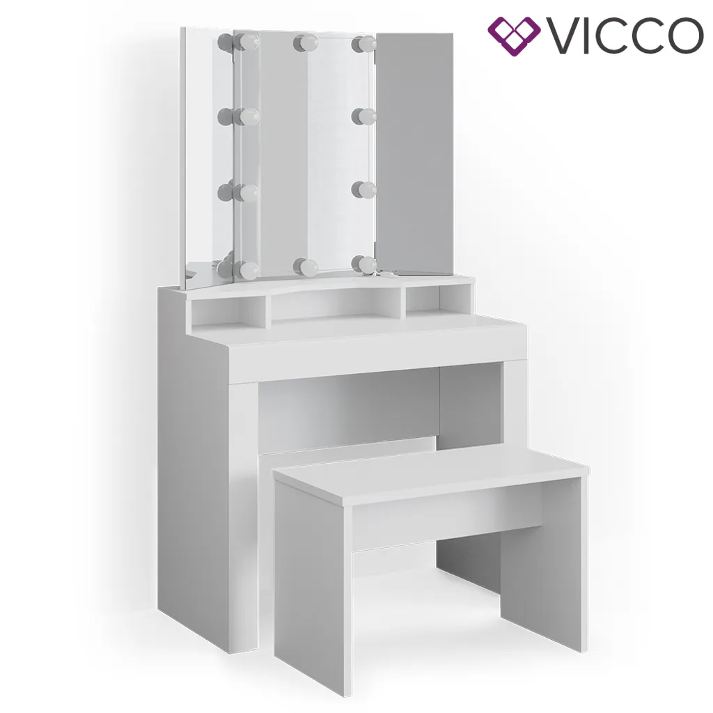 Vicco Schminktisch Nora Weiß Mit LED-Beleuchtung Spiegel Sitzbank Frisiertisch 1 Vicco Schminktisch Nora Weiß Mit LED-Beleuchtung Spiegel Sitzbank Frisiertisch