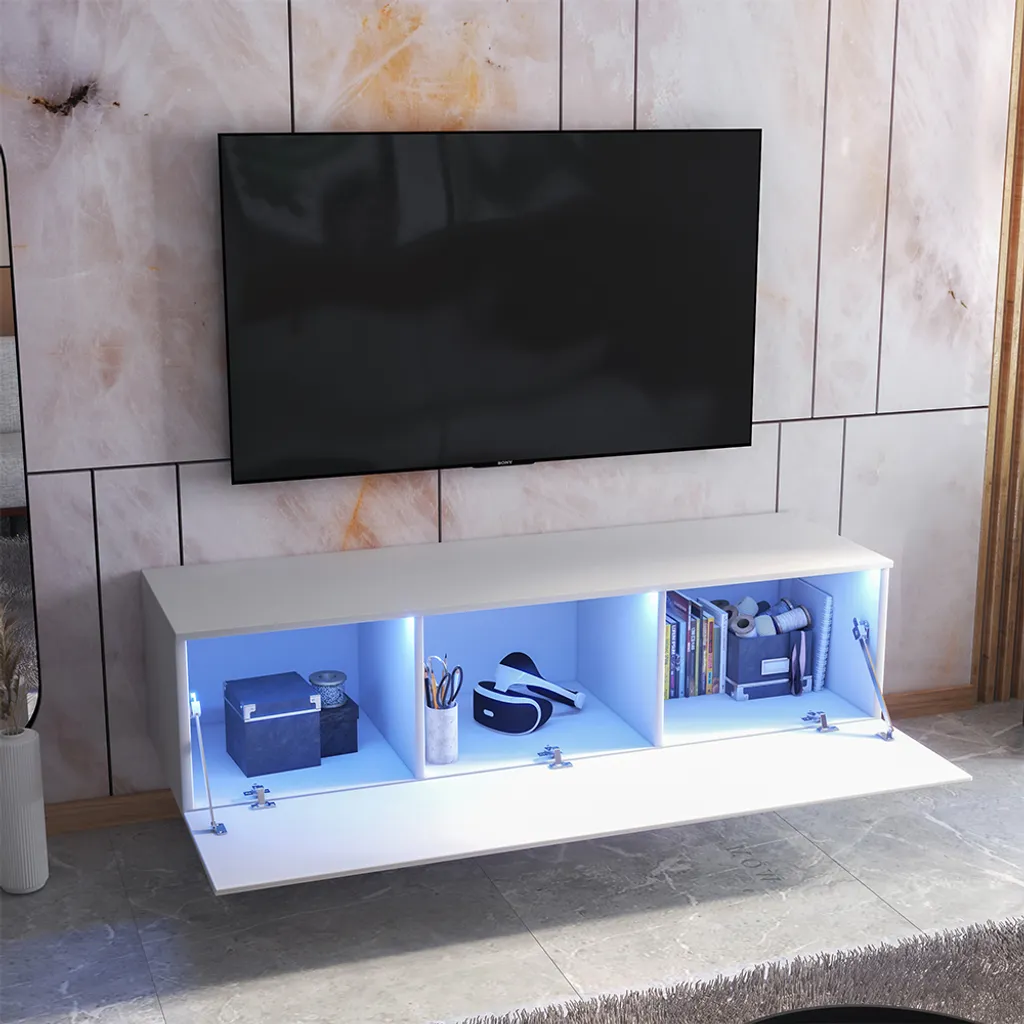 Selsey TV-Schrank SKYLARA - TV-Bank In Weiß Matt / Weiß Hochglanz Mit LED - 160 Cm Breit - Stehend / Hängend 2 Selsey TV-Schrank SKYLARA - TV-Bank In Weiß Matt / Weiß Hochglanz Mit LED - 160 Cm Breit - Stehend / Hängend – Bild 2