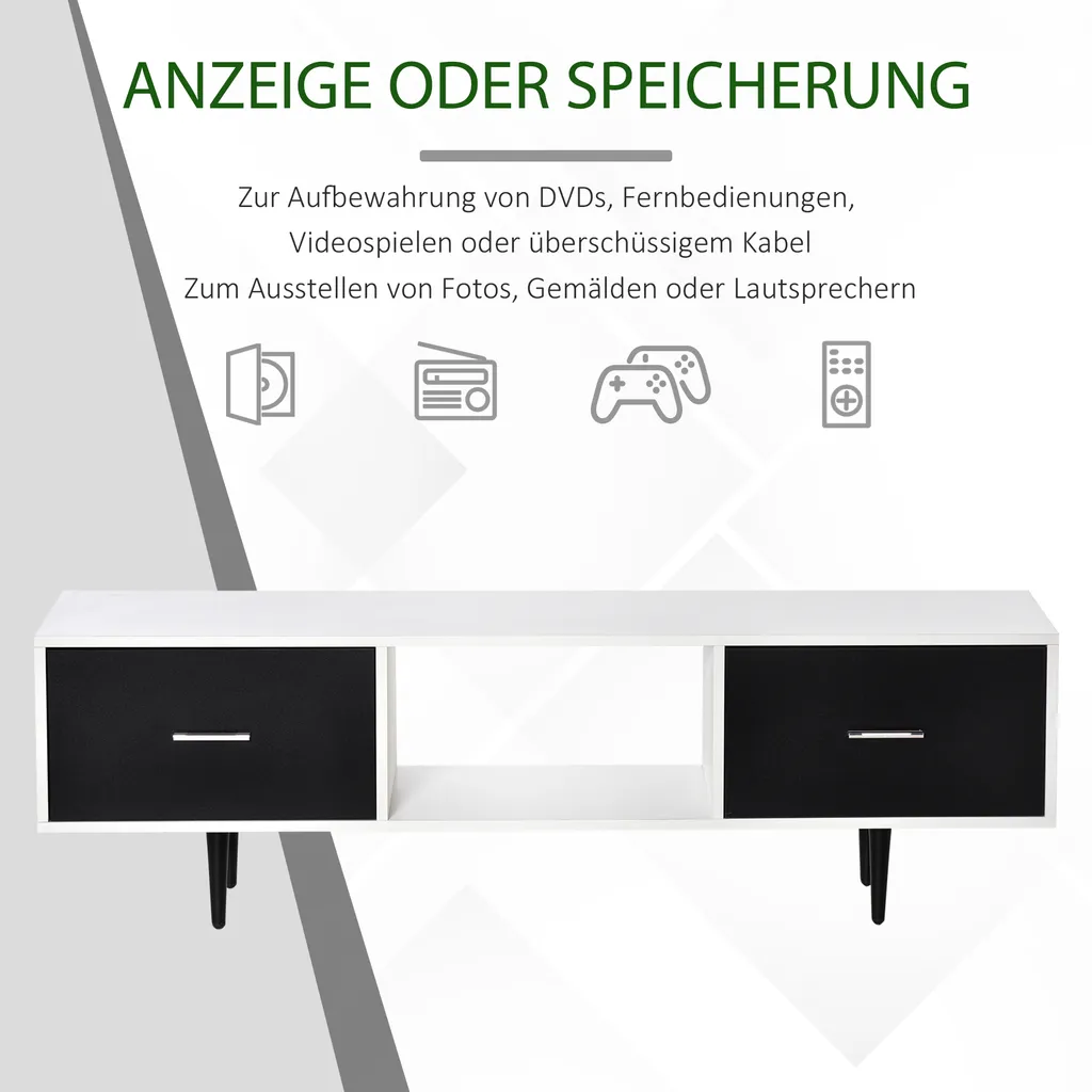 HOMCOM Fernsehtisch Fernsehschrank Mit Schubladen Regale Für 60'' Fernseher TV-Board Wohnzimmer Schlafzimmer Spanplatte Metallbeine Weiß 140 X 30 X 42 Cm 5 HOMCOM Fernsehtisch Fernsehschrank Mit Schubladen Regale Für 60'' Fernseher TV-Board Wohnzimmer Schlafzimmer Spanplatte Metallbeine Weiß 140 X 30 X 42 Cm – Bild 5