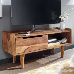 WOHNLING Lowboard Sheesham Massivholz 95x44x34 Cm TV-Kommode Mit Schiebetür | Design TV-Schrank Hoch | Fernsehtisch Fernsehschrank Modern | Fernsehkommode Wohnzimmer