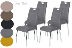 4er Set Vierfußstuhl Susi - Kunstleder Grau - Metallgestell Chrom - Bügelgriff - Belastbarkeit Ca. 120kg