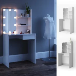 Vicco Schminktisch Dekos Kosmetiktisch Frisierkommode Frisiertisch Spiegel Weiß Inklusive LED-Lichterkette