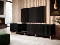 Mirjan24 TV-Lowboard Pafos 200, TV-Tisch Mit 4 Türen, Modern Wohnzimmer TV-Kommode, Stilvoll Kollektion (Farbe: Schwarz / Gold Füße)