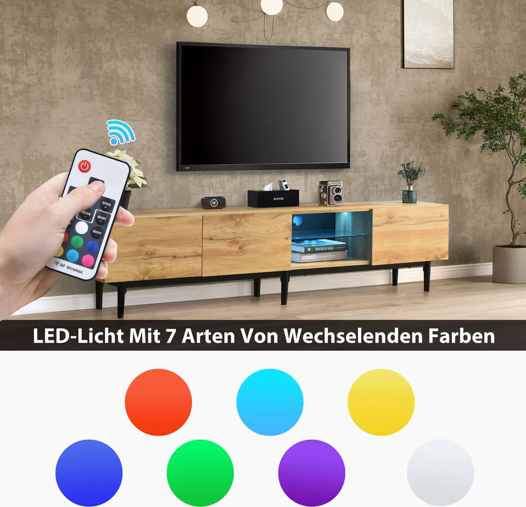 Merax TV Schrank Fernsehschrank TV-Lowboard In Holzoptik Wotan Eiche Matt Mit Variabler LED-Beleuchtung Und 3 Türen, Stehend, 175 Cm Breit 3 Merax TV Schrank Fernsehschrank TV-Lowboard In Holzoptik Wotan Eiche Matt Mit Variabler LED-Beleuchtung Und 3 Türen, Stehend, 175 Cm Breit – Bild 3