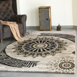 VIMODA Teppich Wohnzimmer Klassisch Kurzflor Orient Design Vintage Mandala Muster Dunkelbraun Braun Beige, Maße:240x340 Cm