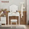 VASAGLE Schminktisch-Set, Frisiertisch, Gepolsterter Hocker, 10 Glühbirnen, Abnehmbare Aufbewahrungsbox Mit 6 Fächern, 5 Schubladen, 1 Schubladenteiler, Geschenkidee, Für Schlafzimmer, Weiß RDT170W01