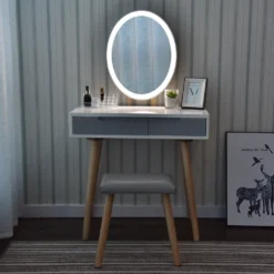 Puluomis Schminktisch Mit LED Beleuchtung Spiegel, Kosmetiktisch Frisiertisch Mit Gepolstertem Hocker Und 2 Schubladen, 3 Beleuchtungmodi, Oval Weiß Grau -Vidaxlko Verkaufe de0e6ad8a1707ea4831417c9e53a6c51