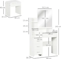 HOMCOM Schminktisch Mit Hocker, Kosmetiktisch Mit Spiegel, Frisiertisch Mit Schubladen, Ablagen, Frisierkommode Mit Anti-Kipp-Schutz Für Schlafzimmer, Weiß, 80 X 38 X 143cm -Vidaxlko Verkaufe df41d6e94e0684fc0c8b5de0a38e81e6