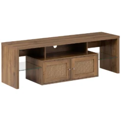 Merax TV-Lowboard Hochglanz TV Schrank Mit LED-Beleuchtung Inkl. Fernbedienung, Rattan TV-Schrank Mit Glasablage Und Rattan Einsatz, TV-Board Aus Holz, B/H/T:150/38/39cm, Holzfarbe -Vidaxlko Verkaufe e00d0bd283d8702cb7c07637d089a518
