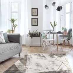 Teppich Wohnzimmer – Gold Grau - Kurzflor- Marmor Optik - Geometrisch, Größe:160 Cm Rund -Vidaxlko Verkaufe e6039ca391ba99c5b414dbd90d405354