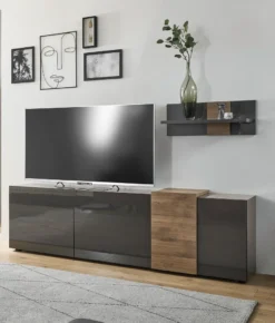 TV-Board Lowboard Positano | Grau Hochglanz / Eiche Mercure