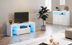 SUNSURY Weiß Hochglanz TV-Schrank W130xT35xH45cm Mit LED Beleuchtung，12-LED-Farben -Vidaxlko Verkaufe e9a320b310400b084473c50a09973355