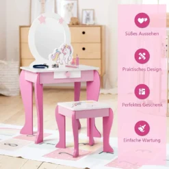 COSTWAY Kinder Schminktisch Mit Hocker, Prinzessin Frisiertisch Mit Schublade Und Abnehmbarer Spiegel, Frisierkommode Rosa, Schminkkommode Für Mädchen Von 3-7 Jahren (Pink) -Vidaxlko Verkaufe ec7dfe27b607643e71c7ef81f5bcd03e
